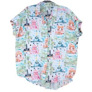 Jane + Delancey Womens XL Button Up Shirt Short Sleeve Paris Print Rayon‎